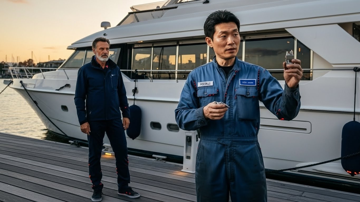 Un millonario junto a su yate, conversando con el mecánico Reflexión sobre el karma y las lecciones de vida en Zona Prohibida